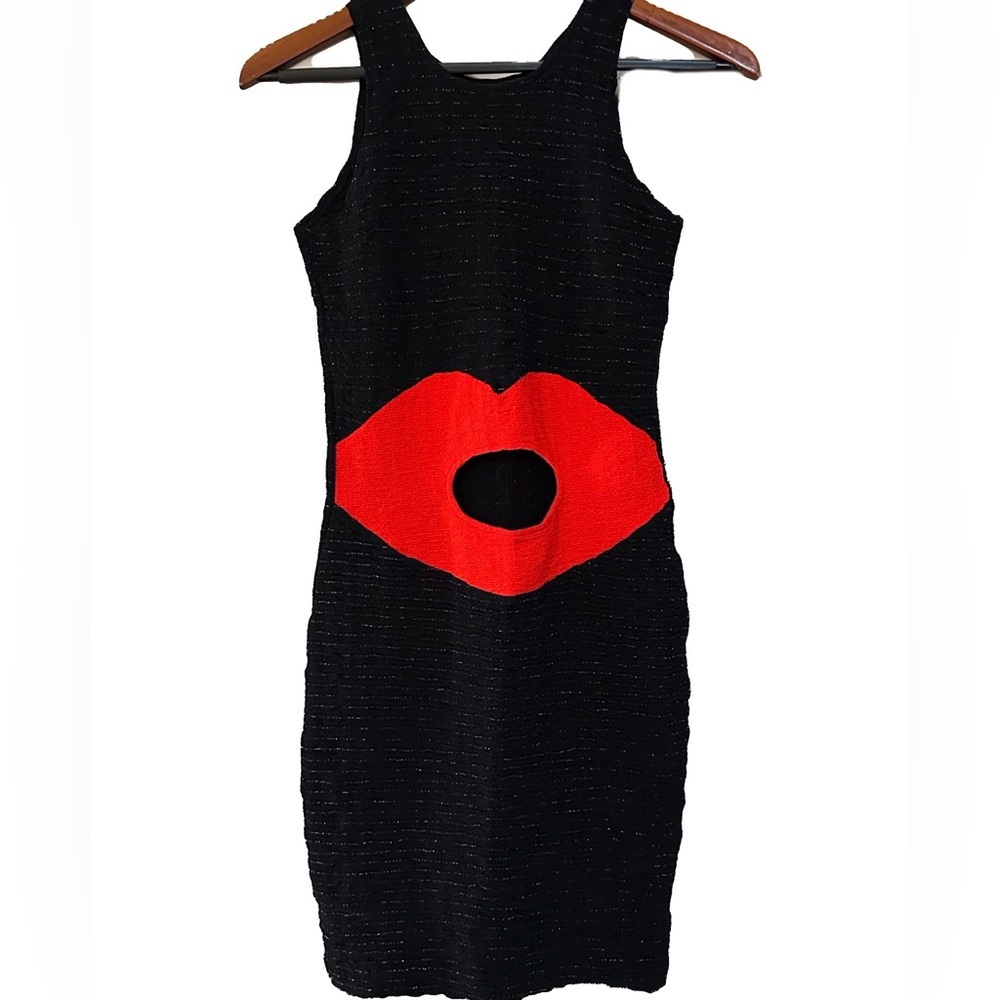 Black Bodycon Dress w/ “Open” Red Lips by Meet Me In Miami • Rare